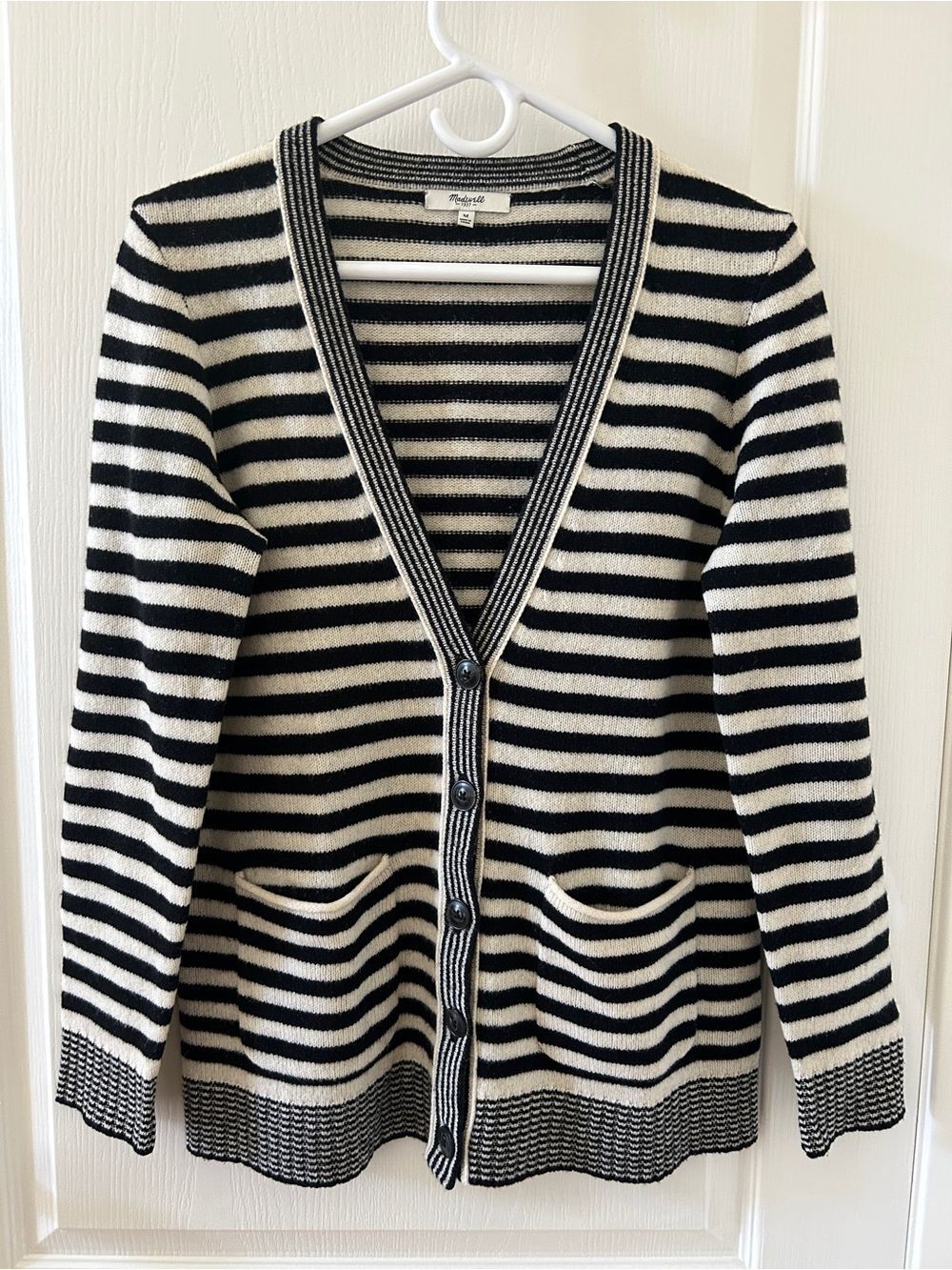 Madewell 100% Merino Wool Striped V-Neck Cardigan Sweater Medium Preppy Academia